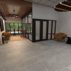 Modern office lobby with tile flooring, glass walls, and wood accents. Includes seating areas.