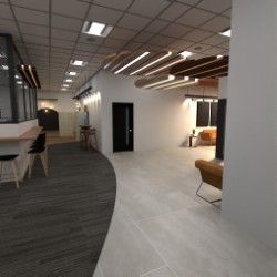 Modern office interior with seating areas, arched doorway, and a long hallway with wood accents.