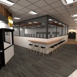 An office area with a bar, stools, and a glass-walled workspace. Black, white, and wood accents.