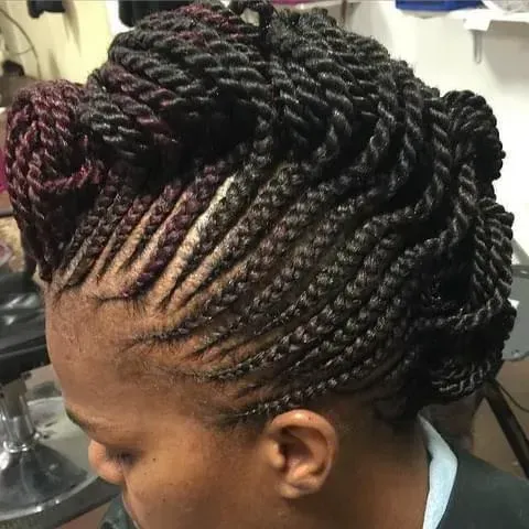Woman with braided hair styled in a high bun, with sections of braids framing the face.