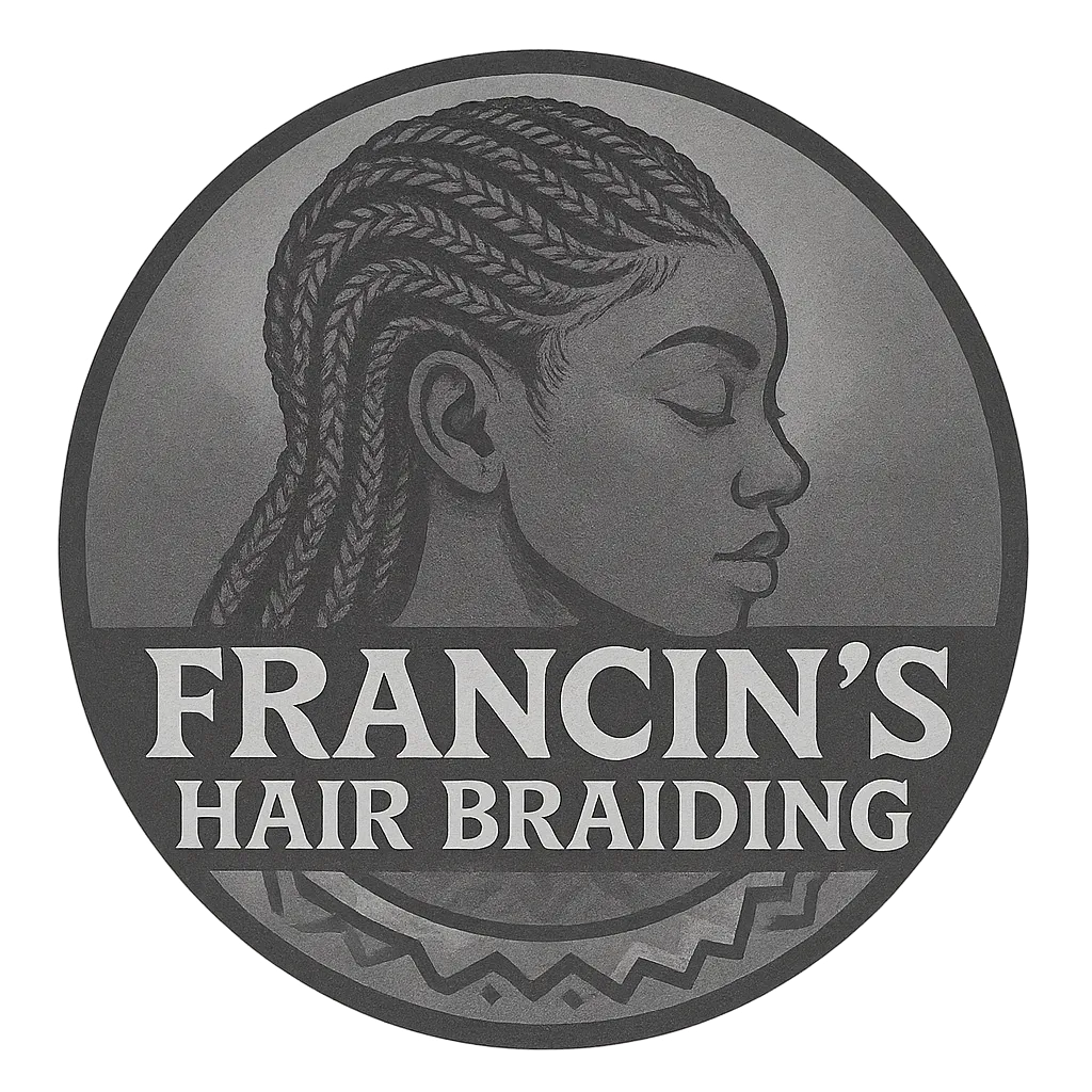 Logo: Woman with braided hair, text "Francin's Hair Braiding" inside a grey circular design.
