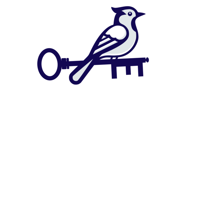 The logo for blue jay property management shows a bird sitting on top of a key.