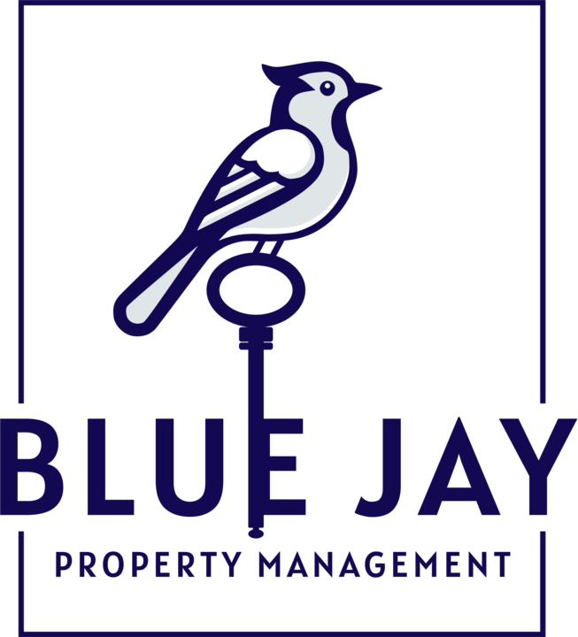 The logo for blue jay property management shows a bird sitting on top of a key.
