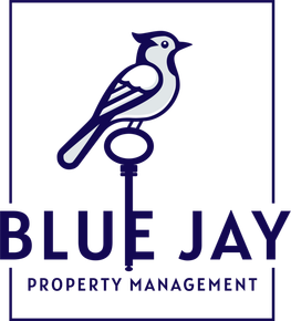 The logo for blue jay property management shows a bird sitting on top of a key.