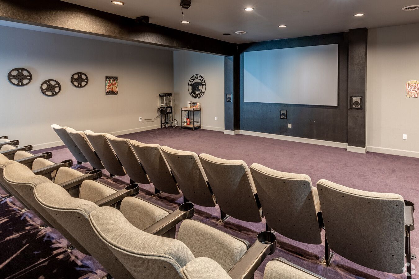 Home theater with rows of gray seats, a large screen, and film reel decor. Purple carpet.