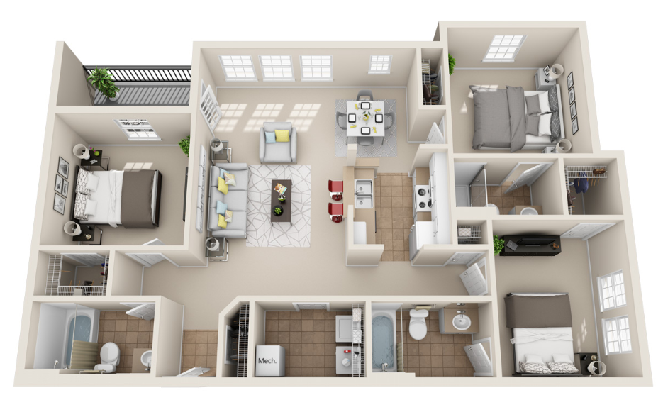 Floor Plan: 3 Bed · 3 Bath · 1,277 SQ. FT