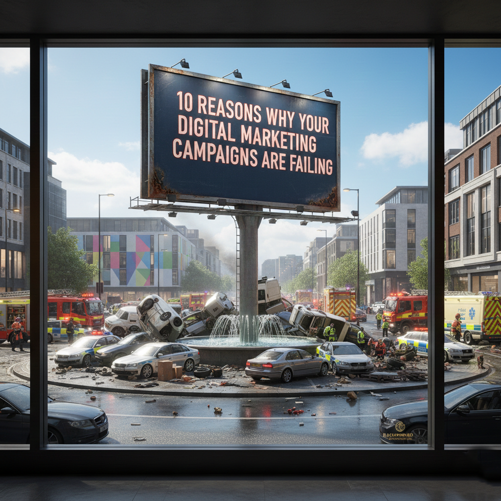 View through window: Billboard reading