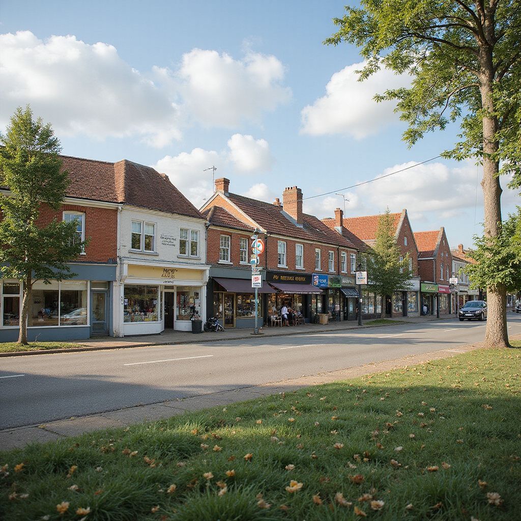 Row of shops with red tile roofs on a street with a grassy area and trees on a sunny day.