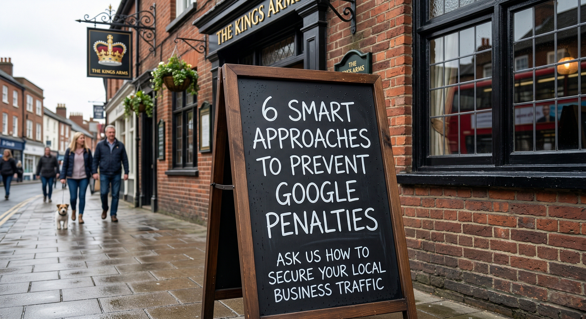 A sandwich board on a sidewalk with text about Google penalties, in front of a brick pub with people walking nearby.