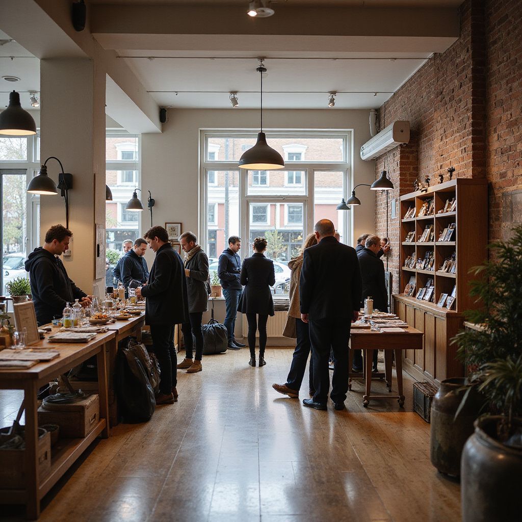 People browsing merchandise in a shop with wooden tables and exposed brick walls, lit by hanging lamps.