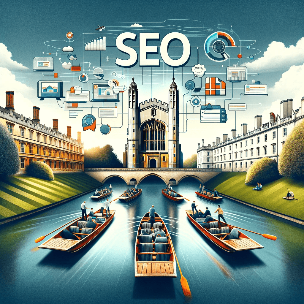 an illustration of people in boats on a river with the word seo above Cambridge