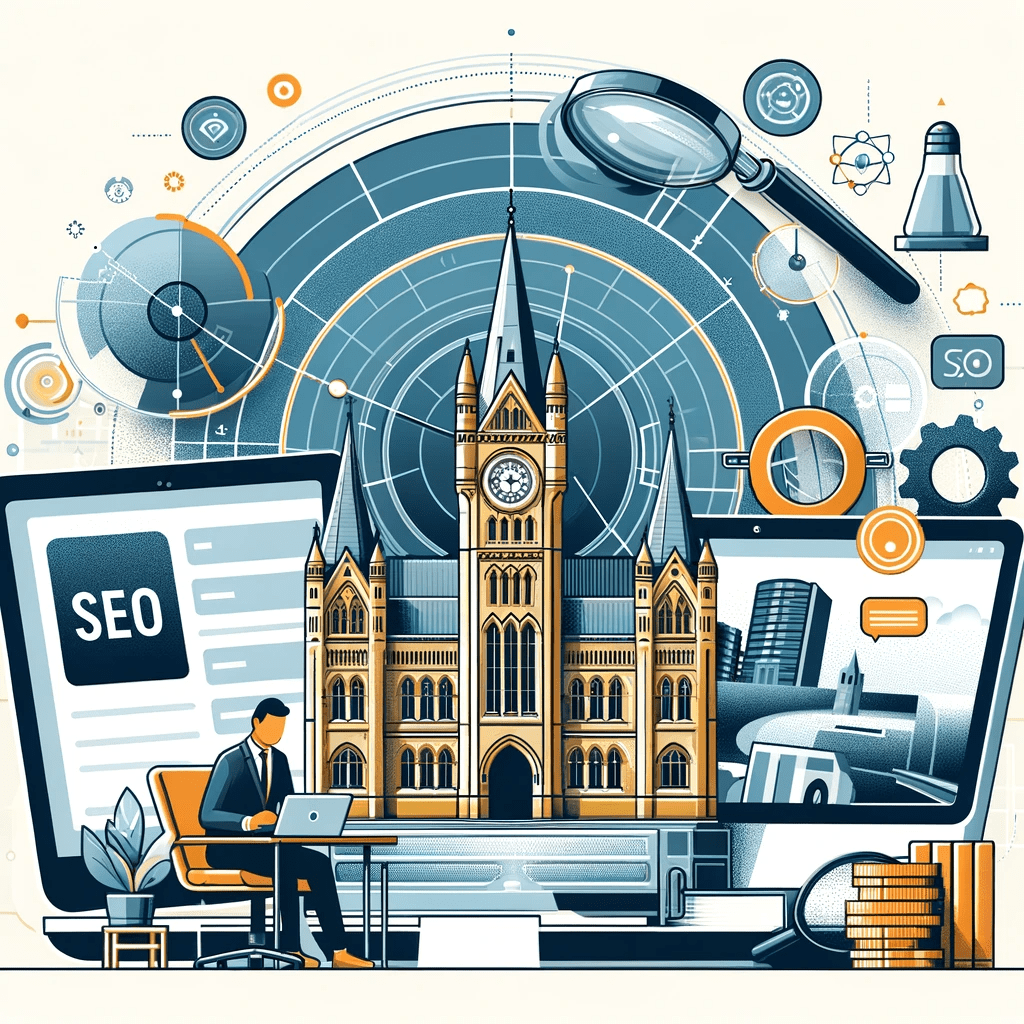 an illustration of a man sitting at a desk with a laptop and a screen that says seo