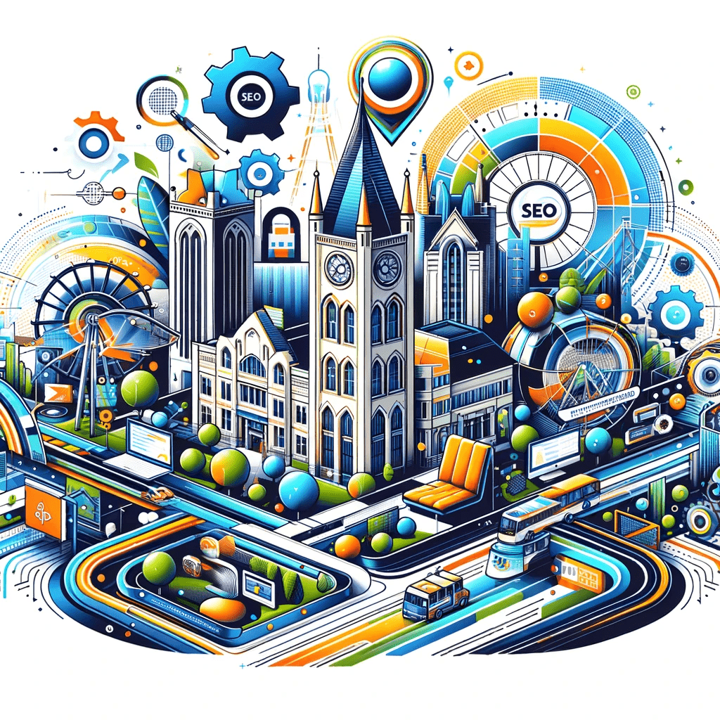 a colorful illustration of a city with buildings , roads , and trees .