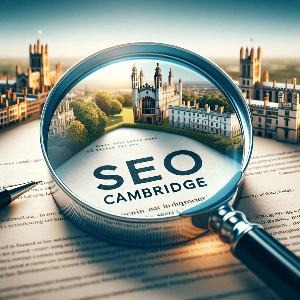 a magnifying glass with the word seo cambridge on it