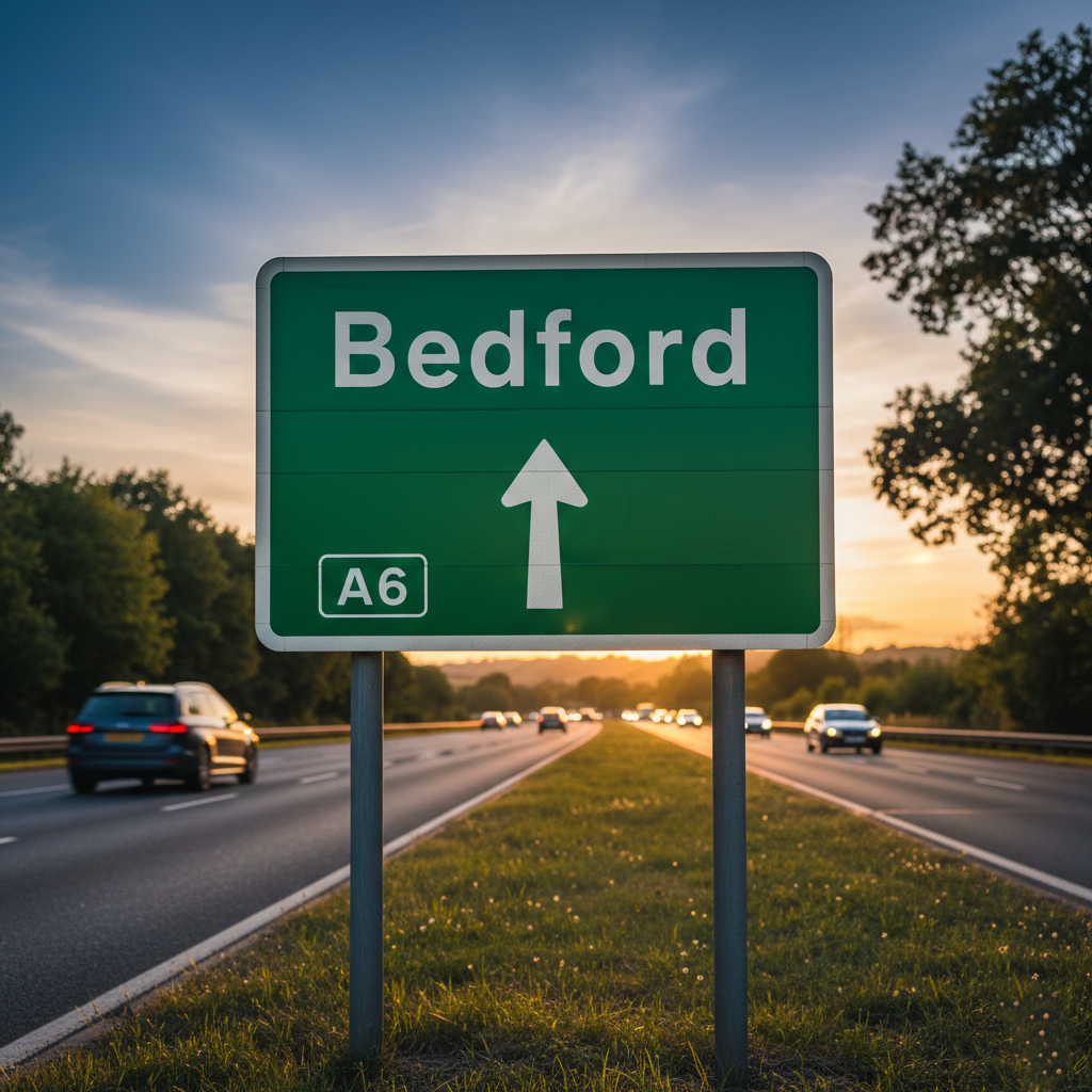 Road sign indicating direction to Bedford, UK, with a white arrow. Cars travel on a highway at sunset.