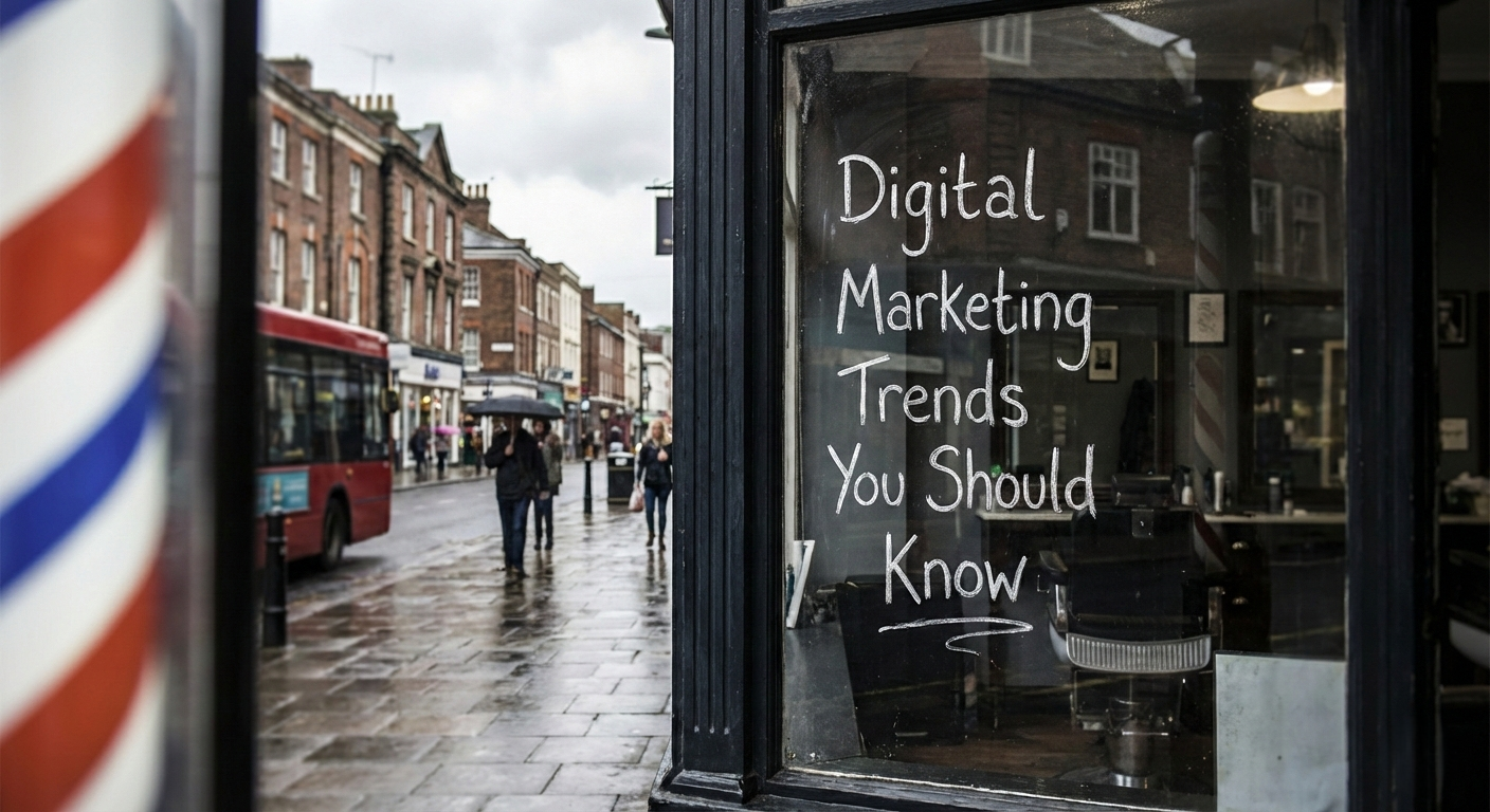 Barbershop window display with text on digital marketing trends, street scene in the background.