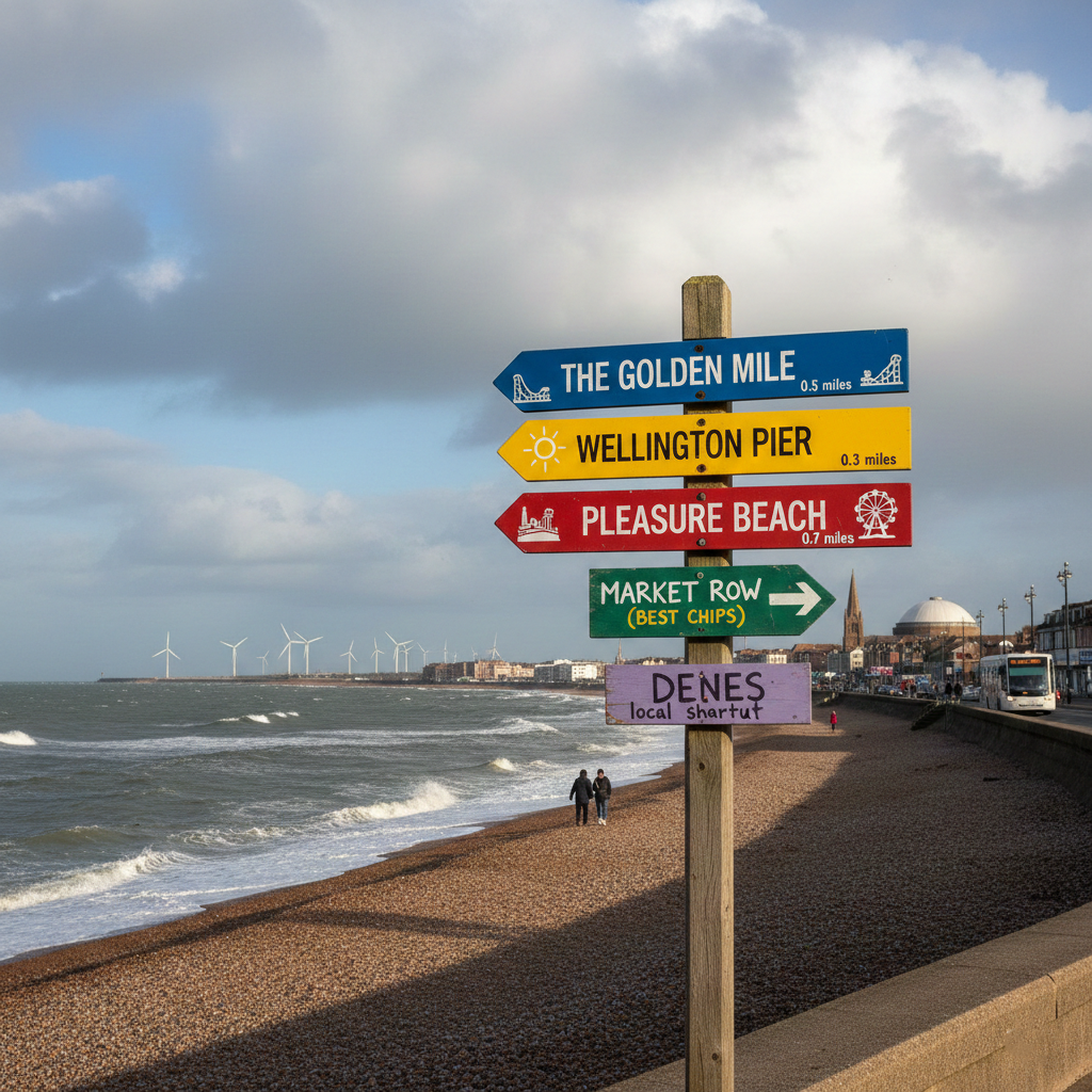 Beachside signpost pointing to The Golden Mile, Wellington Pier, Pleasure Beach, Market Row, and Denes.