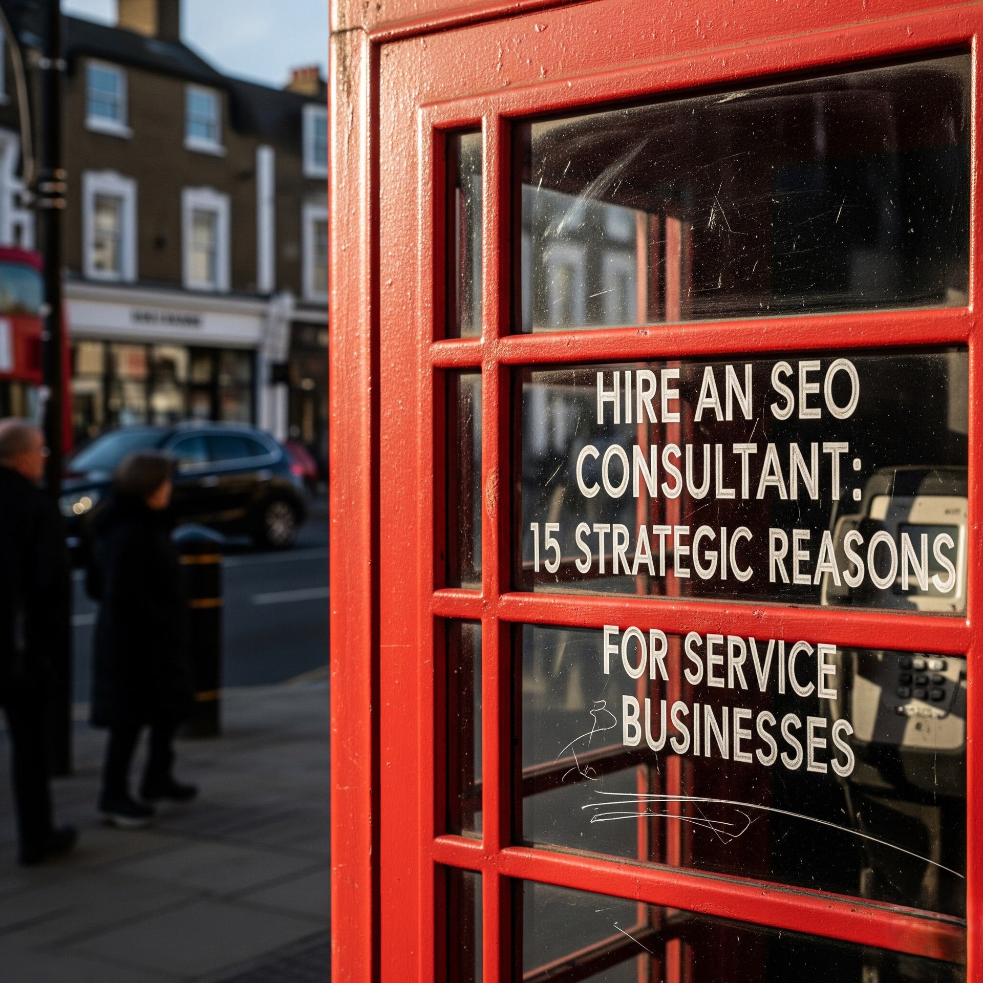 A bright red British telephone booth in a city street, featuring text about hiring an SEO consultant on the glass.