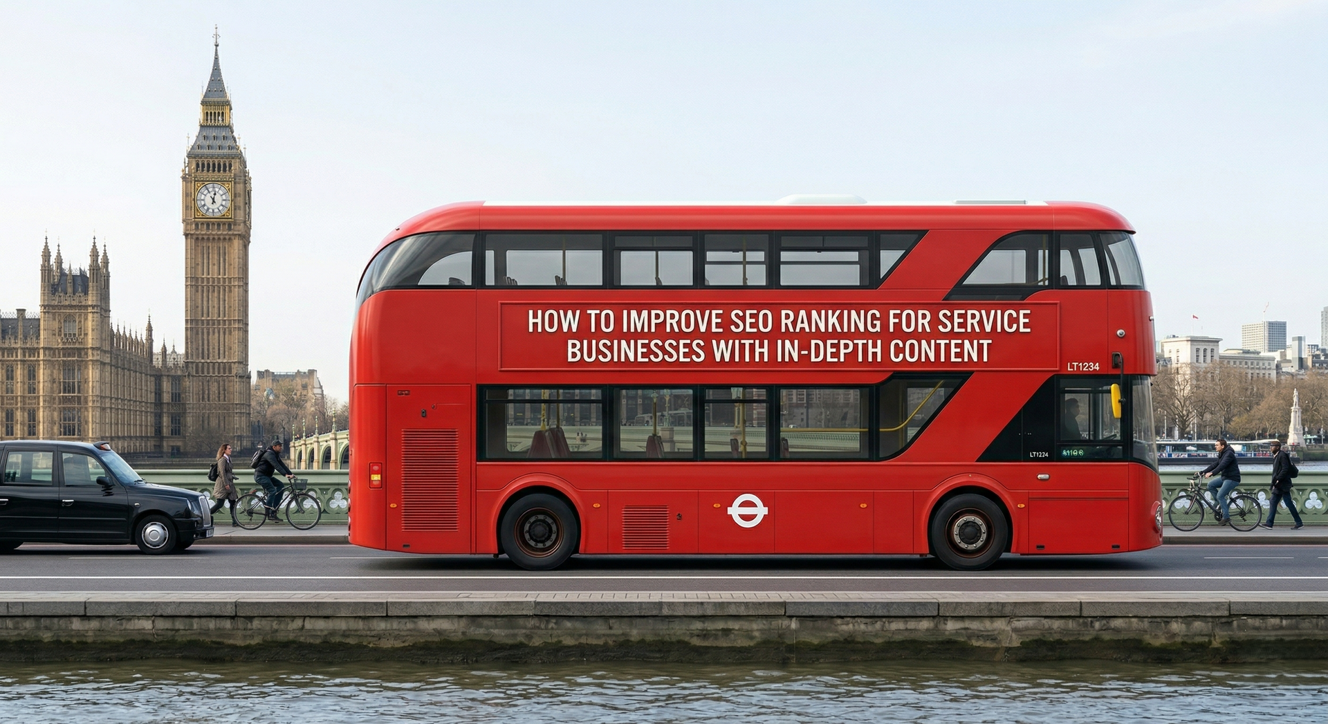 A bright red double-decker bus with SEO text on its side drives past Big Ben in London on a clear day.