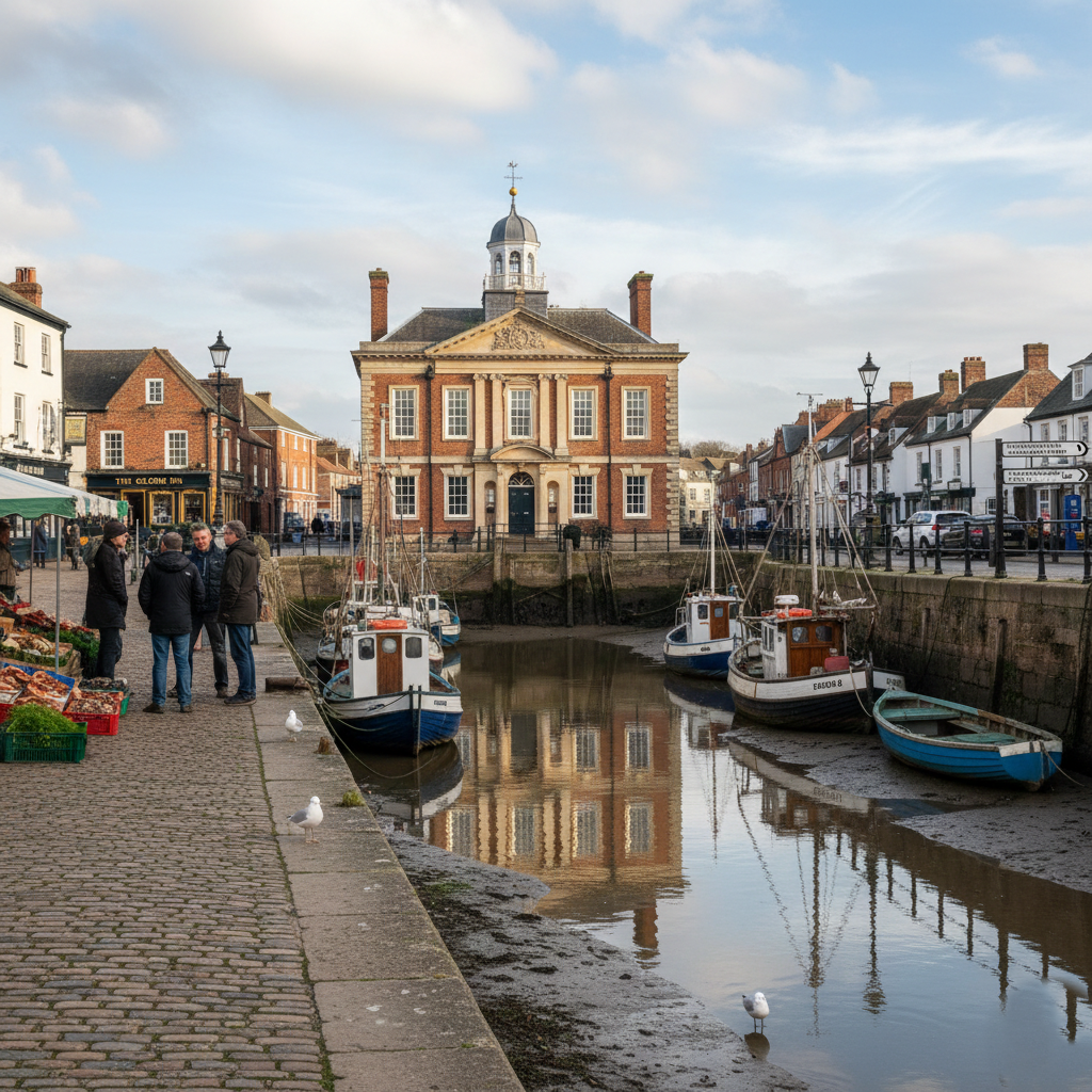Georgian-style building reflected in a harbor. Several fishing boats are docked, and people stand on the quay.