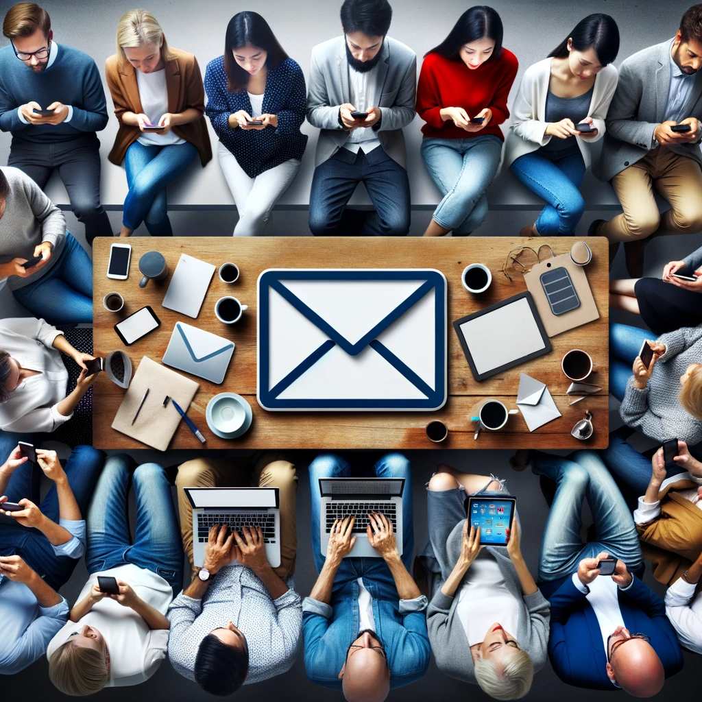 A group of people are sitting around a table looking at their phones.