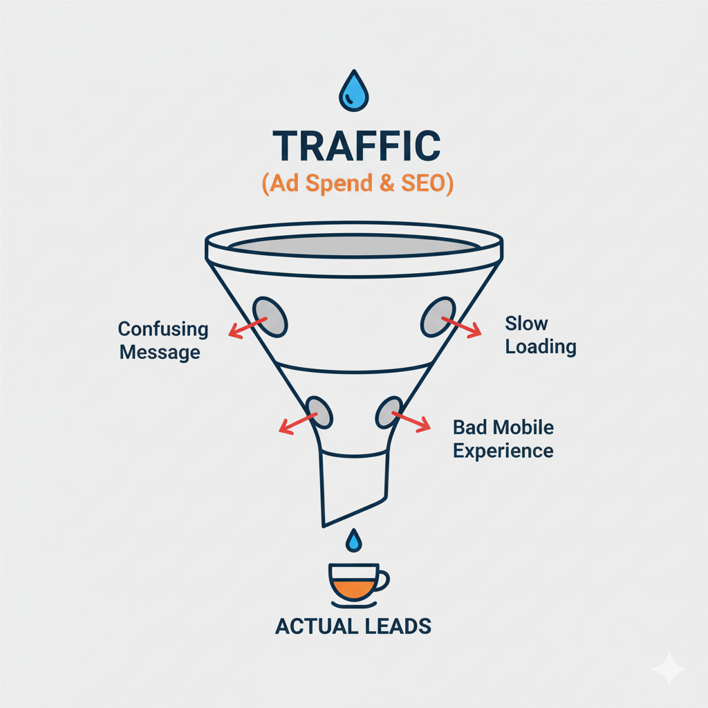 Funnel graphic showing traffic (ad spend & SEO) filtering into actual leads; with holes representing issues.