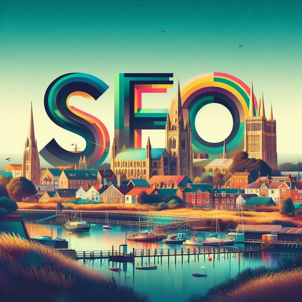 an illustration of a city in Norfolk with the word SEO in the foreground