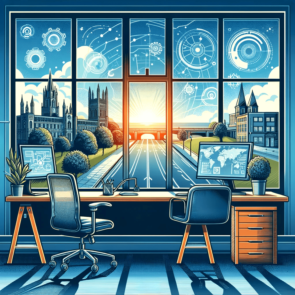 a pixel art illustration of a room with two desks and chairs with a view of a city through a window .