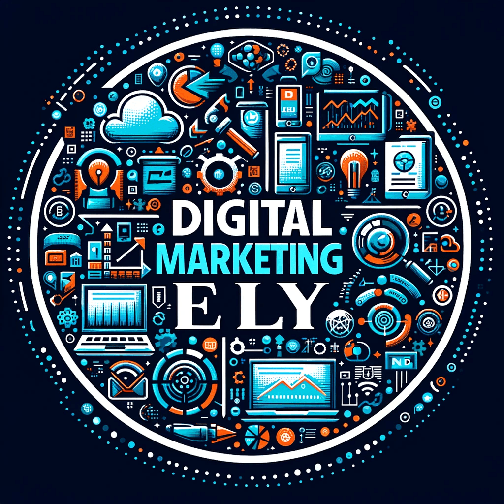 the word digital marketing ELY is surrounded by icons in a circle.