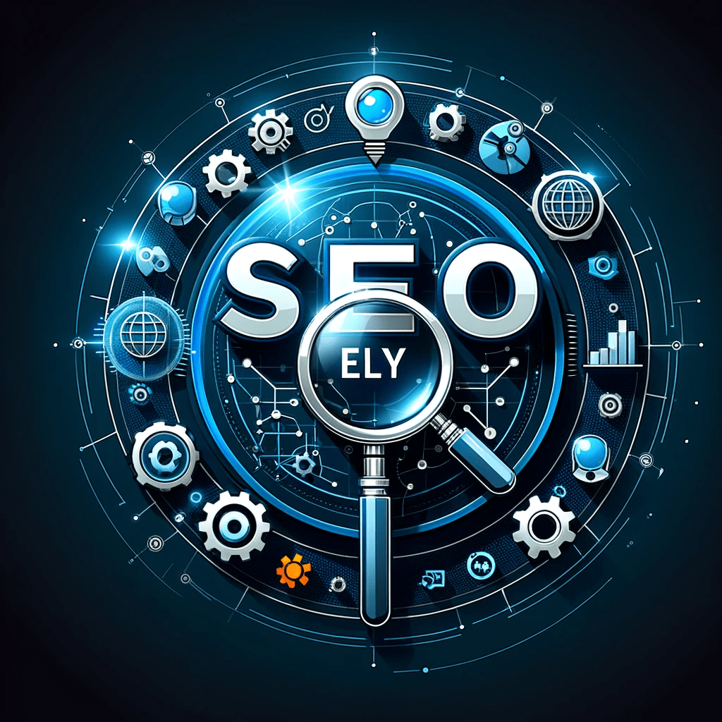 a magnifying glass is surrounded by gears and icons . SEO Ely