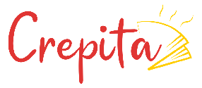 Crepita logo with red script text and yellow sun/crepe icon.
