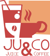 Juice & Co logo with a glass of juice and a cup of coffee in orange and red hues.