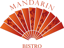 Mandarin Bistro logo: Orange fan with dark red ornate patterns;