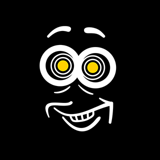 A cartoon face with yellow eyes and a smile on a black background.