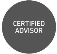 A certified advisor logo in a circle on a white background.