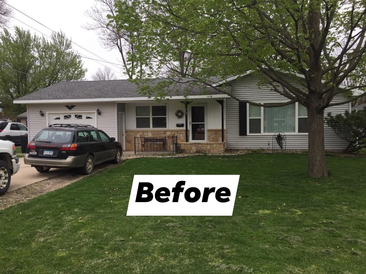 Ranch-style house, gray siding, with car parked in the driveway. Green grass and trees in the yard; "Before" text.