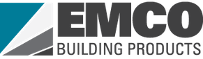EMCO Building Products logo: stylized angled design with turquoise, gray, and black blocks, with the text