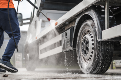 Pressure washing a truck in Abbotsford, BC