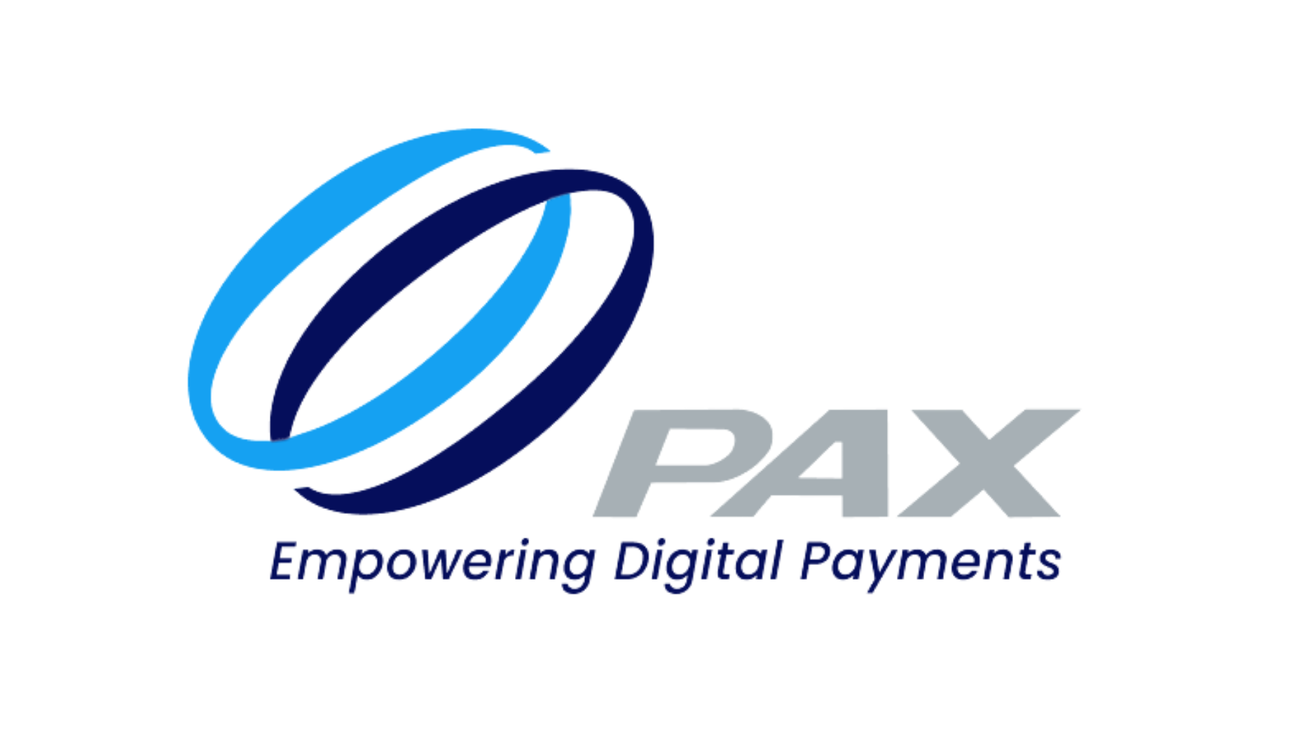 Logo for PAX, featuring two interlocking blue rings and the text "Empowering Digital Payments."