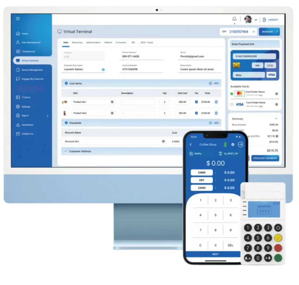 A monitor, smartphone, and payment terminal displaying a financial software interface with blue and white branding.