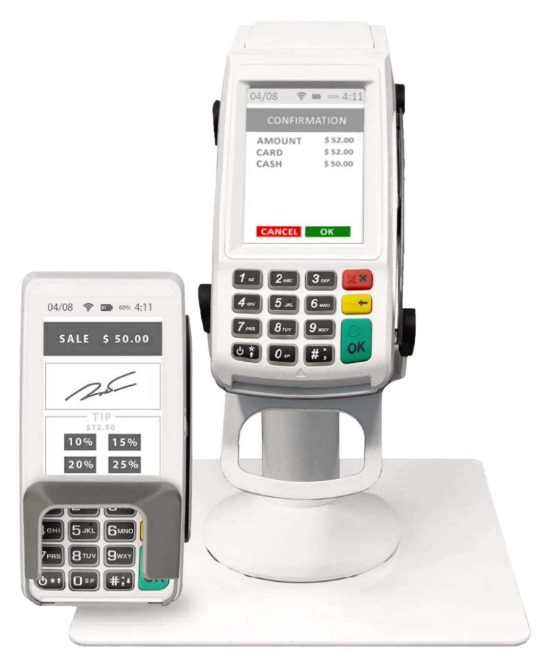 A white payment terminal on a stand next to a smaller, handheld touchscreen device with a signature pad and tip buttons.