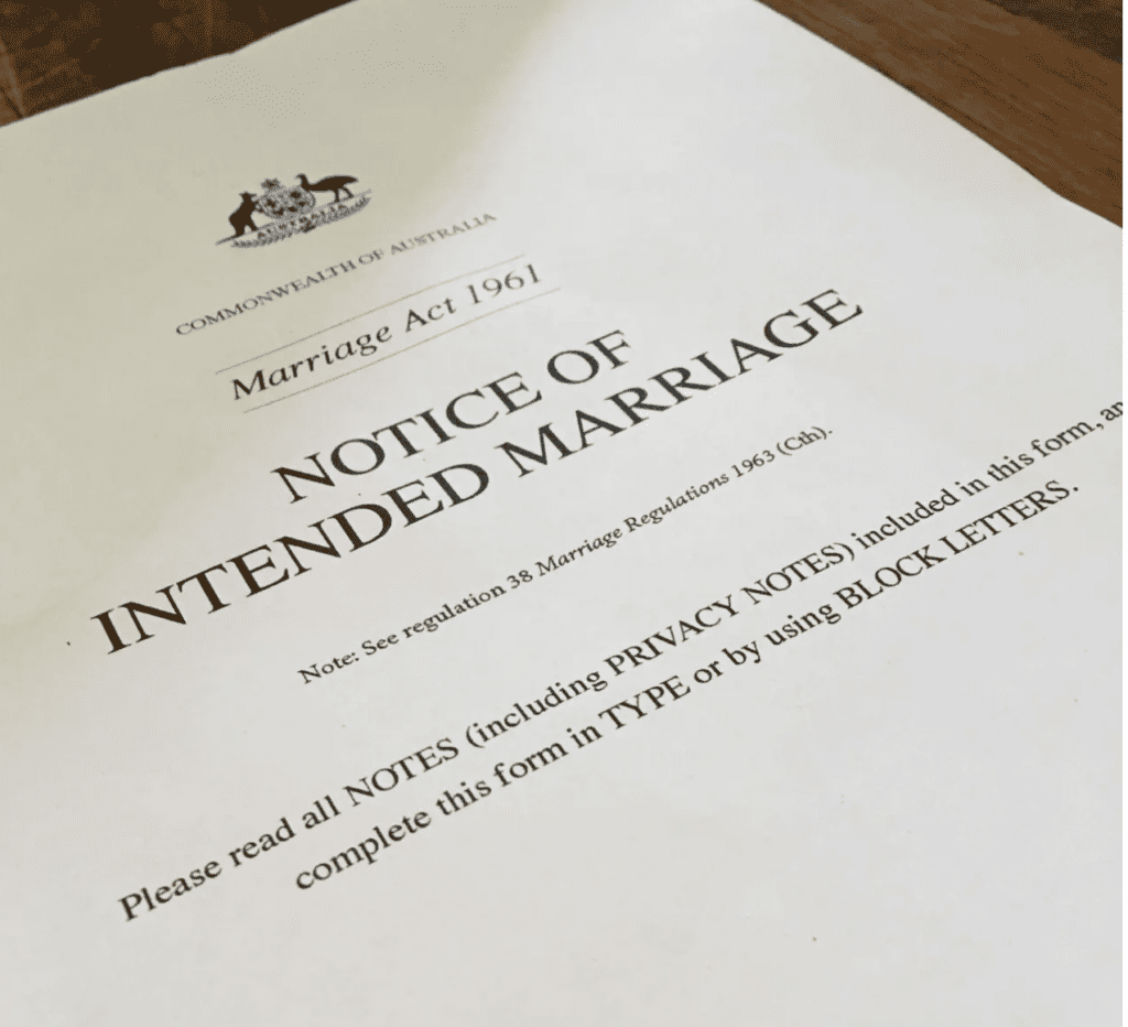 Notice of Intended Marriage form with Australian coat of arms. Text in black on white paper.