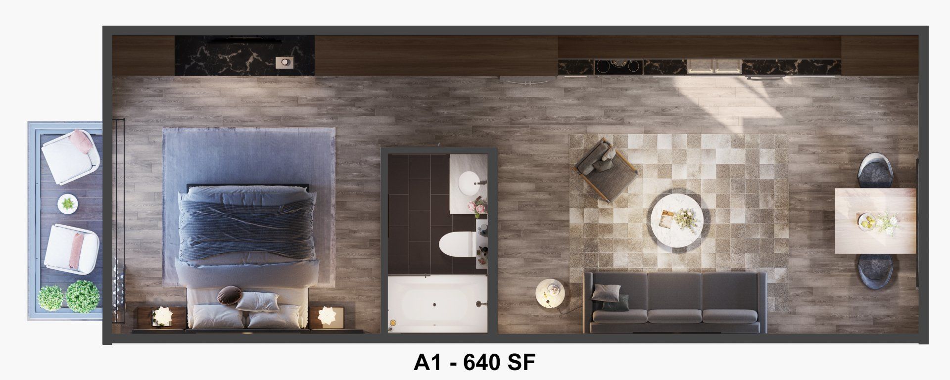 Spacious 640 sqft studio floor plan for Gia Montrose apartments, showcasing modern furnishings and a balcony.