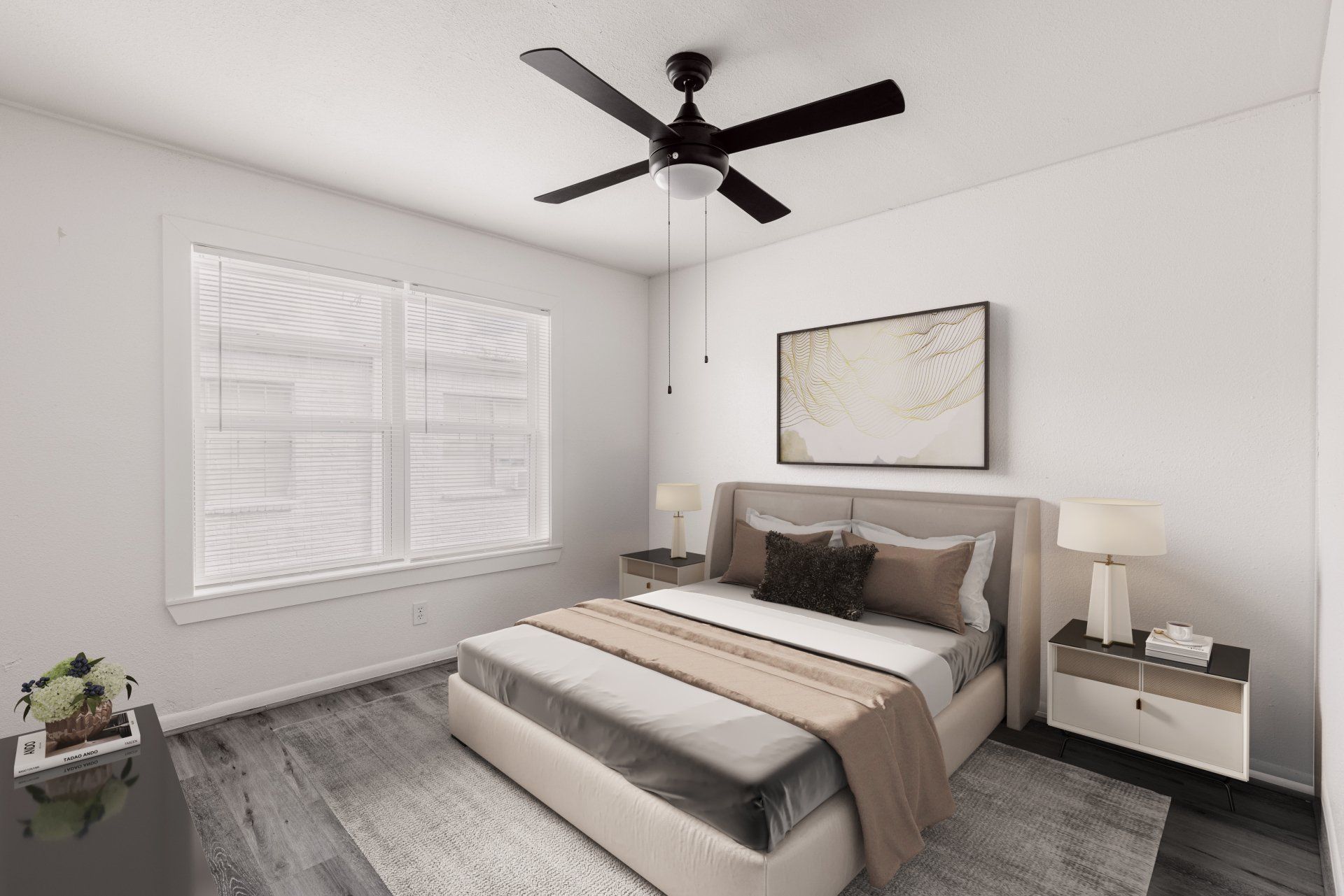 A remodeled bedroom with modern design and natural light at Gia Memorial, offering apartments for rent in Memorial Houston.