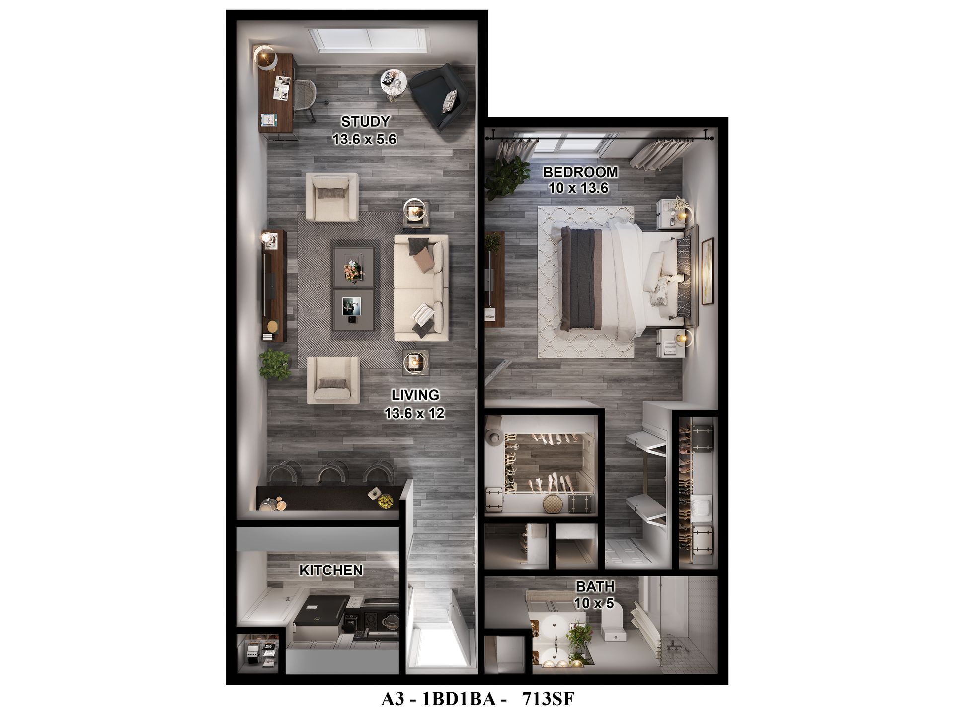 Gia Westchase's 1-bedroom floor plan with a study, showcasing modern Houston apartments.