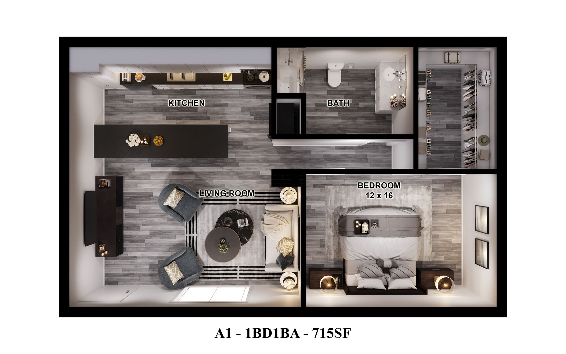 Houston apartments: floor plan of Gia Oak Forest 1 bed, 1 bath, 715 sqft unit by.