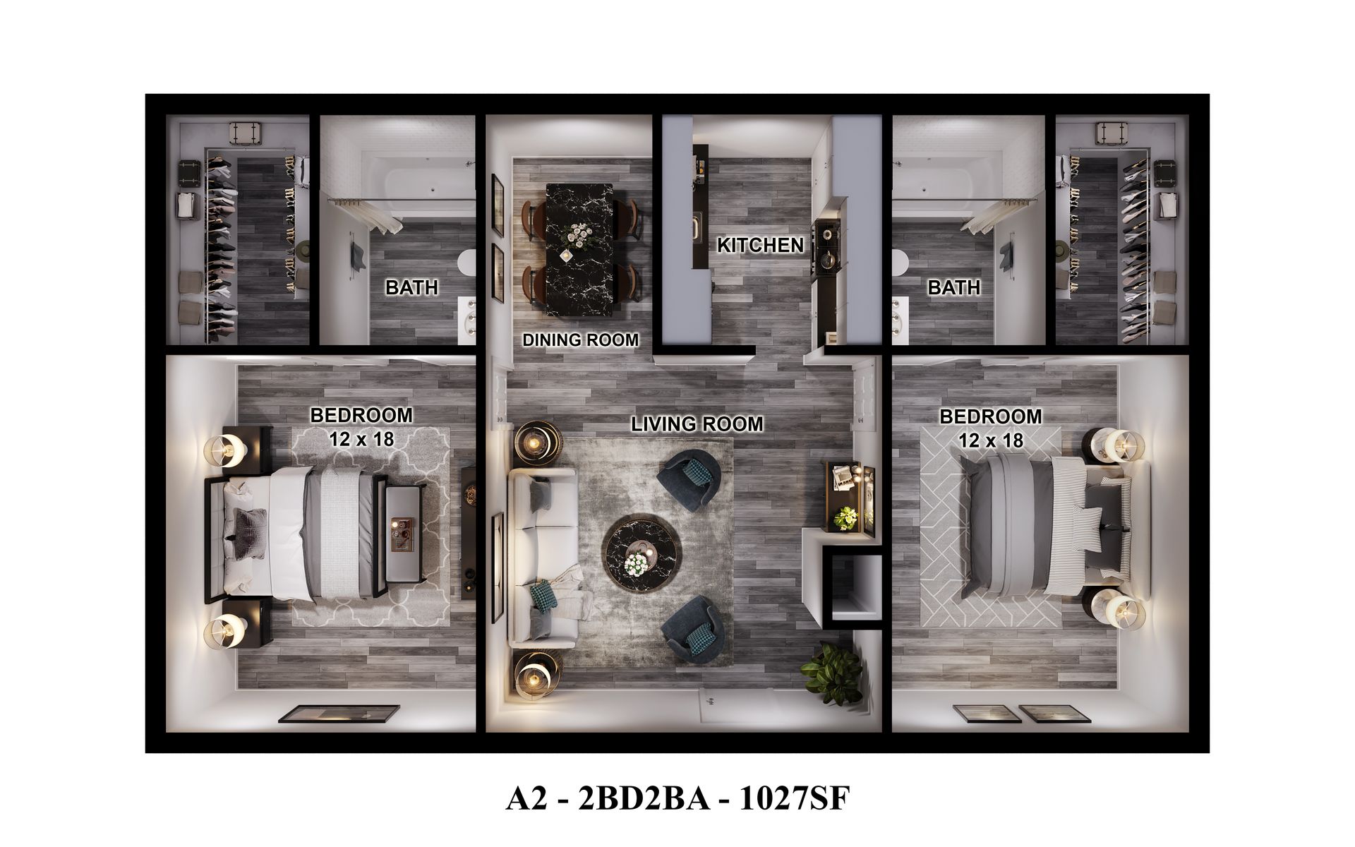 Gia Oak Forest, Houston: 1027 sqft two-bedroom, two-bathroom apartment floor plan.