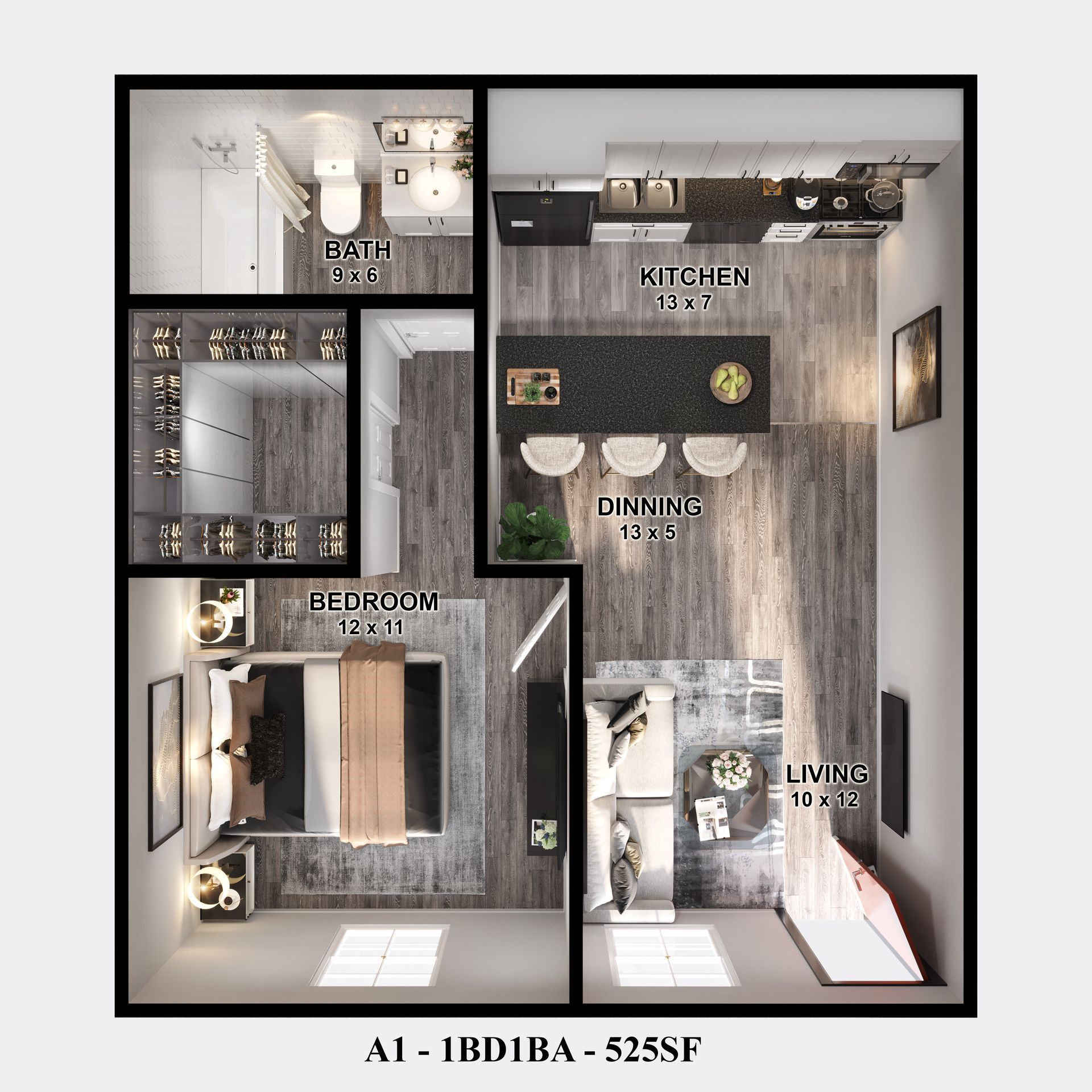 Detailed layout of a modern one-bedroom apartment at Gia Memorial, ideal for Houston apartments for rent.