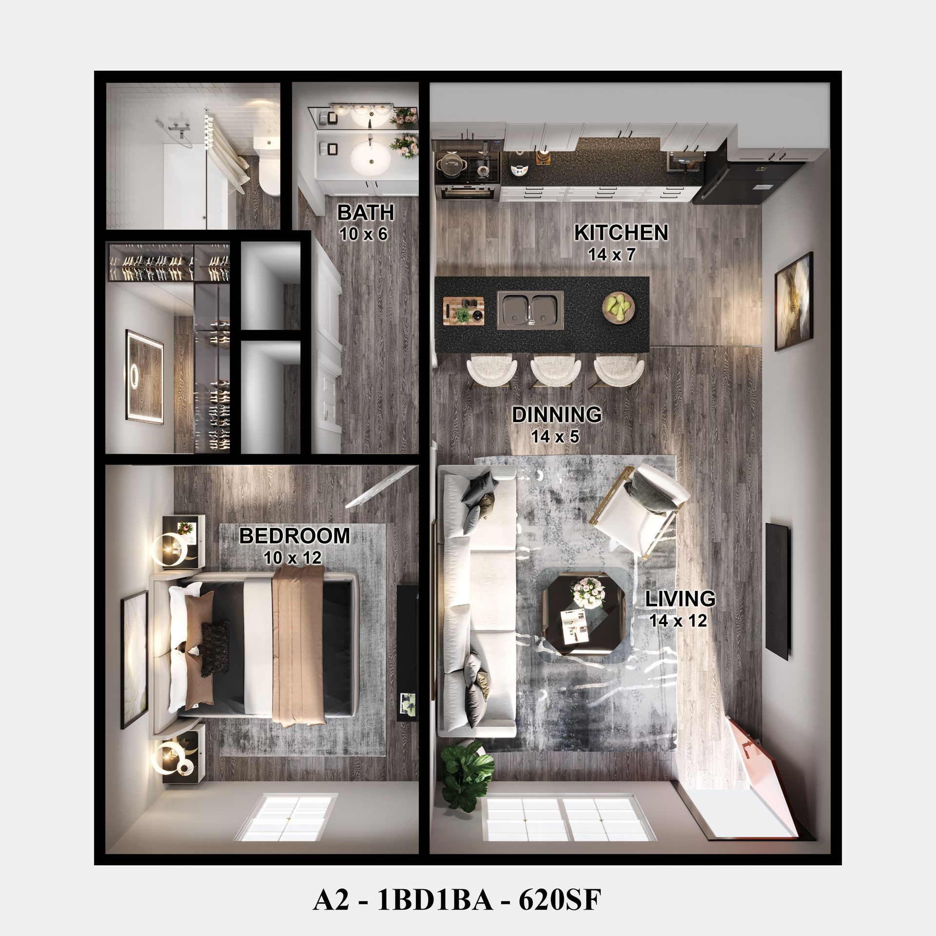 Floor plan of 620 sq ft 1-bed, 1-bath apartment at Gia Memorial, offering affordable apartments in Houston.