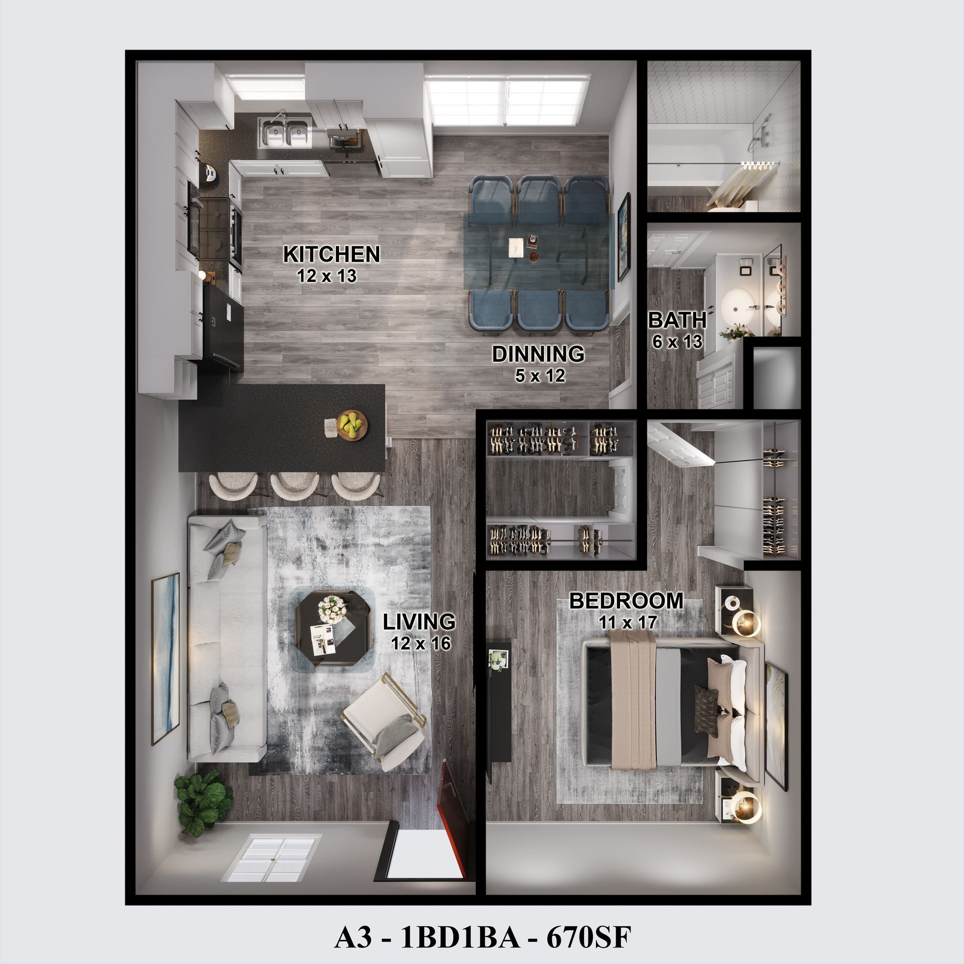Modern 670 sq ft 1-bedroom floor plan for apartments in Memorial Houston at Gia Memorial.